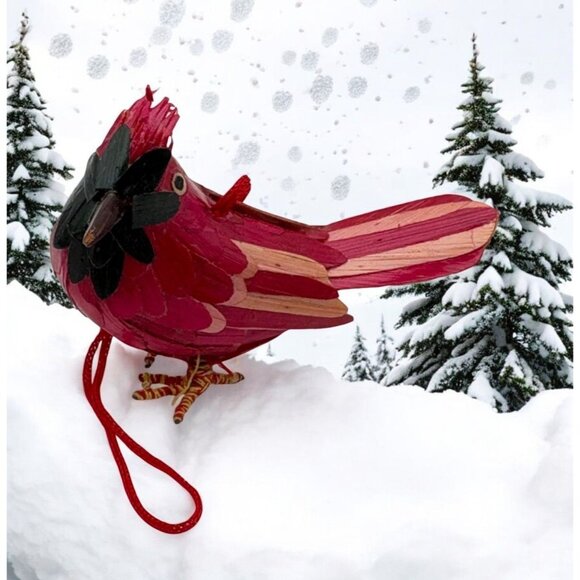 Vintage Wheat Straw Bird Christmas Tree Ornament Red Cardinal Miniature Nature - Picture 1 of 7